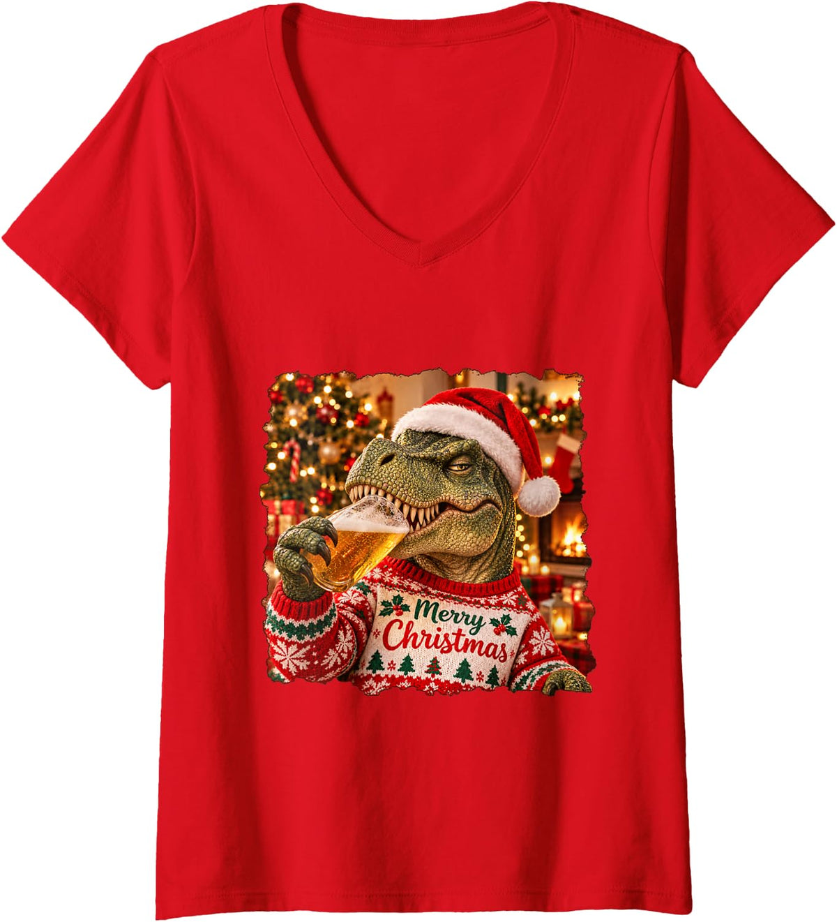 Women's Merry Christmas Dinosaur Lovers Funny Holiday Party V-Neck T-Shirt - Red