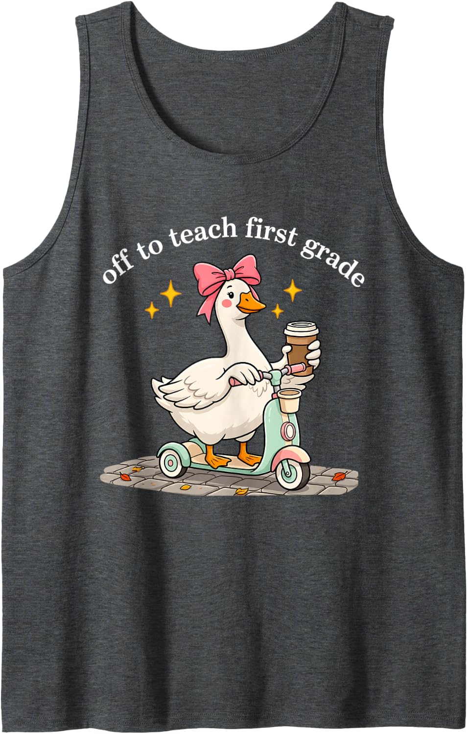 Off to Teach First Grade Goose Scooter Coffee Bow Sleeveless Tank Top - Dark Heather Grey