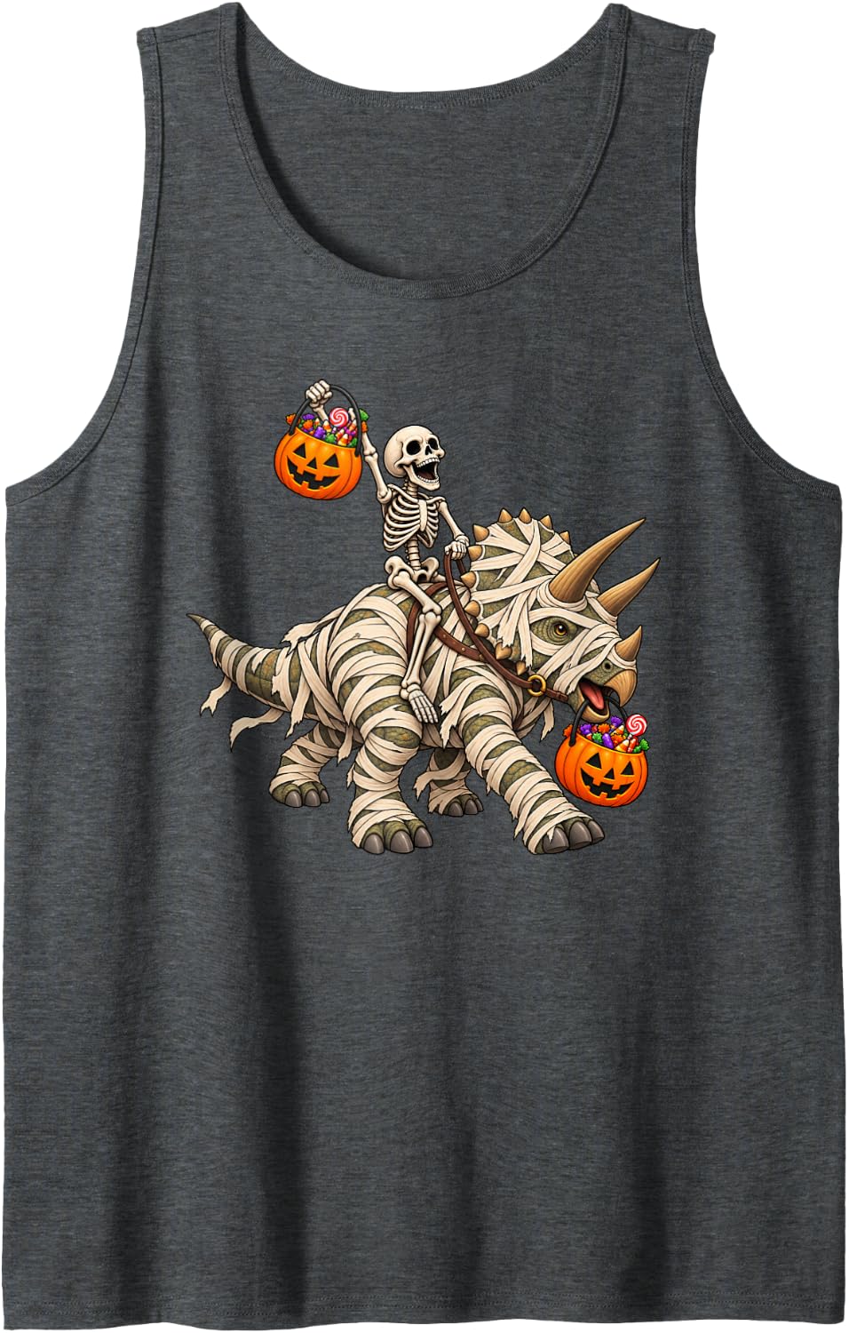 Skeleton Riding Mummy Triceratops Dinosaur Funny Halloween Sleeveless Tank Top - Dark Heather Grey