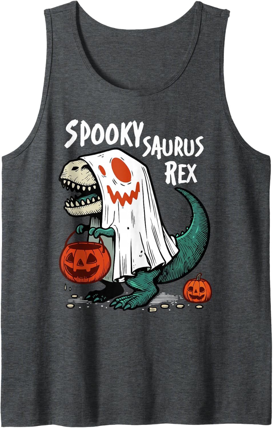 Spooky Dinosaur Halloween T-Rex Dinosaur Spookysaurus Rex Sleeveless Tank Top - Dark Heather Grey