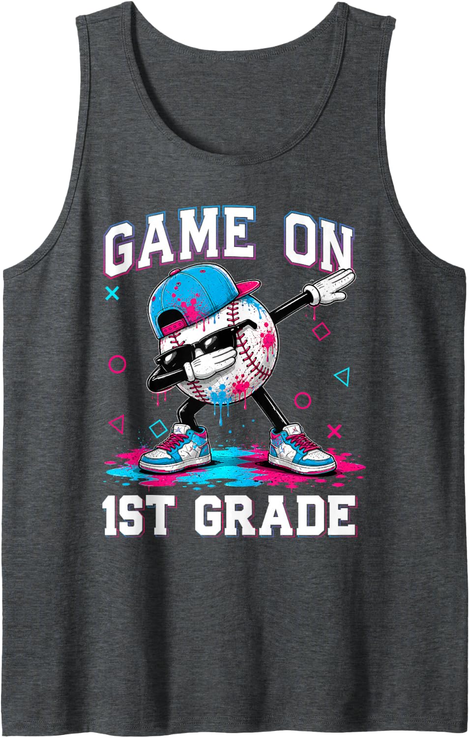 First Grade Game On Baseball Drip Ice Cream Boy First Day Sleeveless Tank Top - Dark Heather Grey