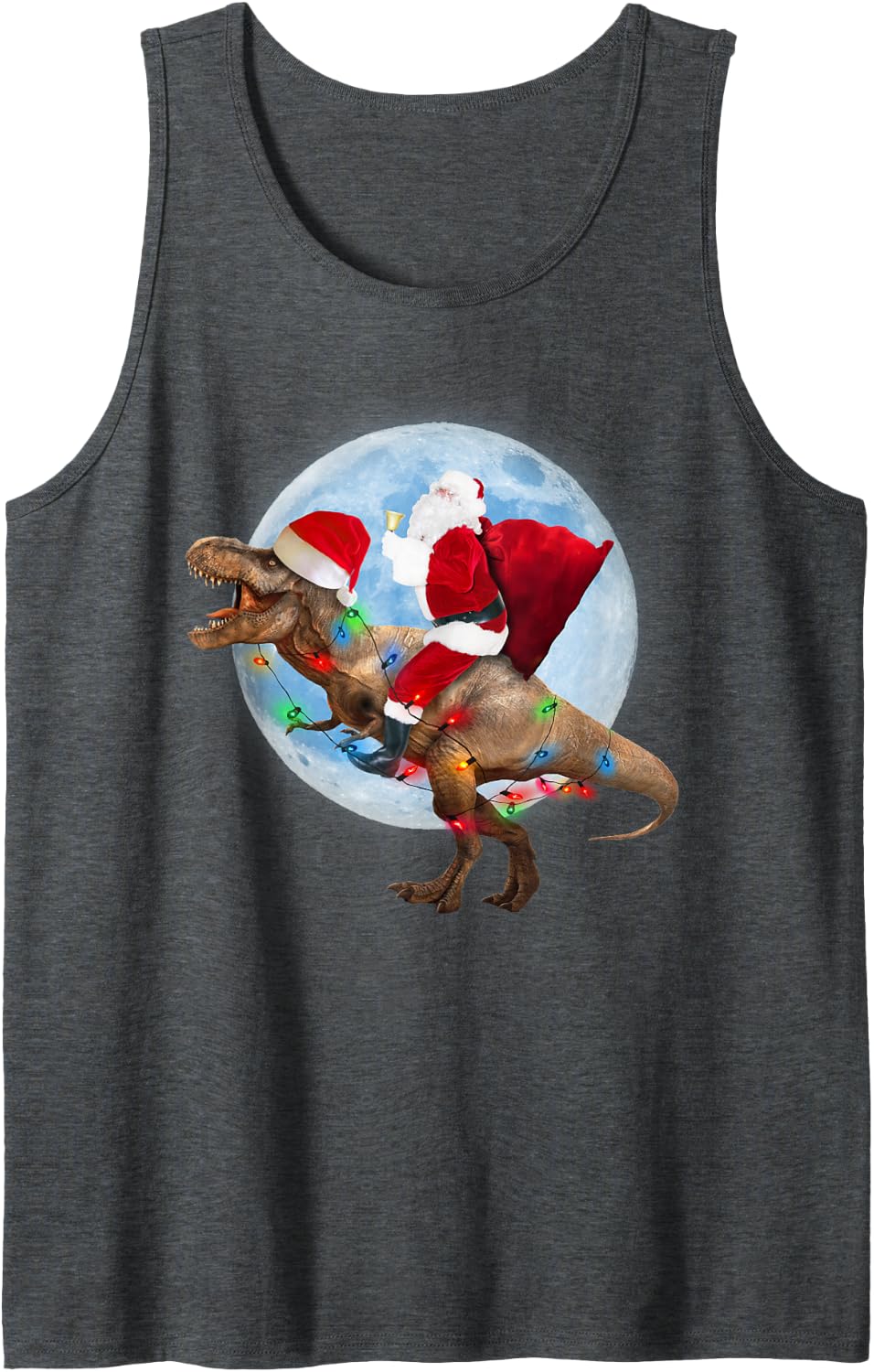 Santa Riding Dinosaur T Rex Moon Funny Christmas Xmas Sleeveless Tank Top - Dark Heather Grey