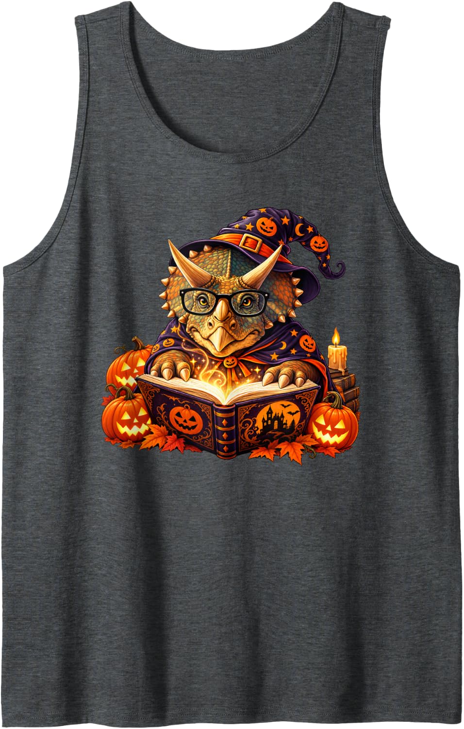 T-Rex Dinosaur Reading Book Nerd Halloween Sleeveless Tank Top - Dark Heather Grey