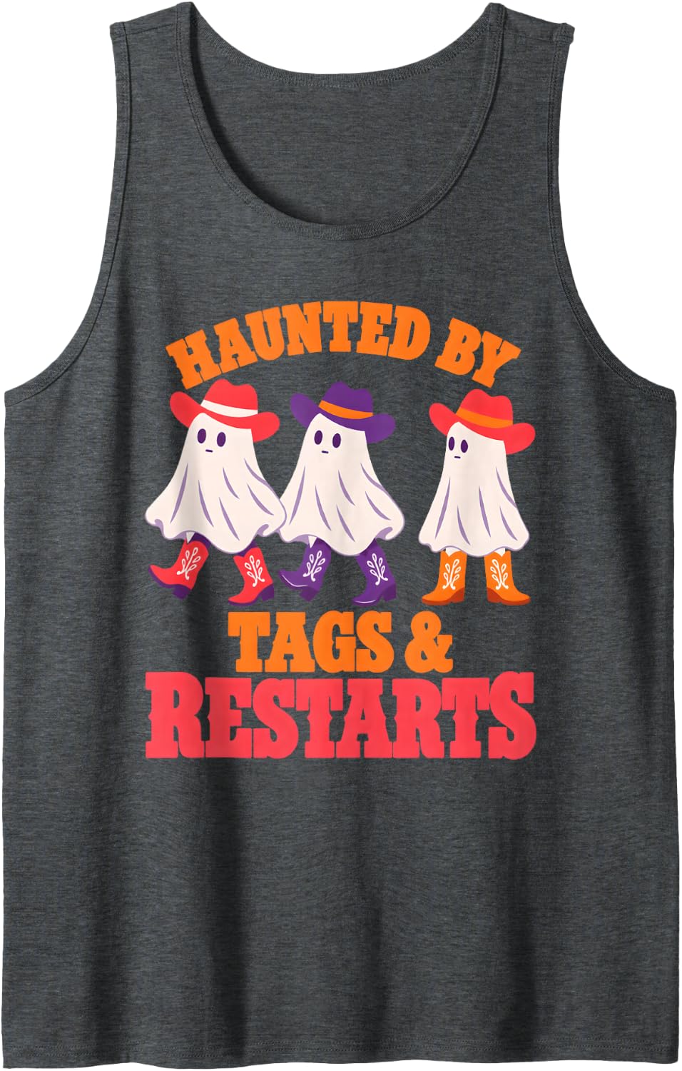 Haunted Tags and Restarts Funny Line Dancing Halloween Ghost Sleeveless Tank Top - Dark Heather Grey