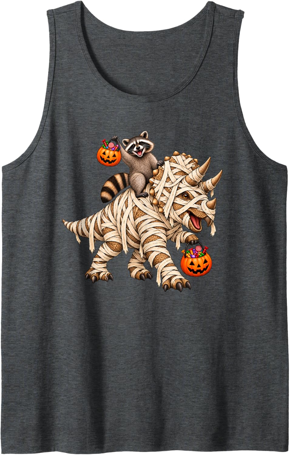 Raccoon Riding Mummy Triceratops Dinosaur Funny Halloween Sleeveless Tank Top - Dark Heather Grey