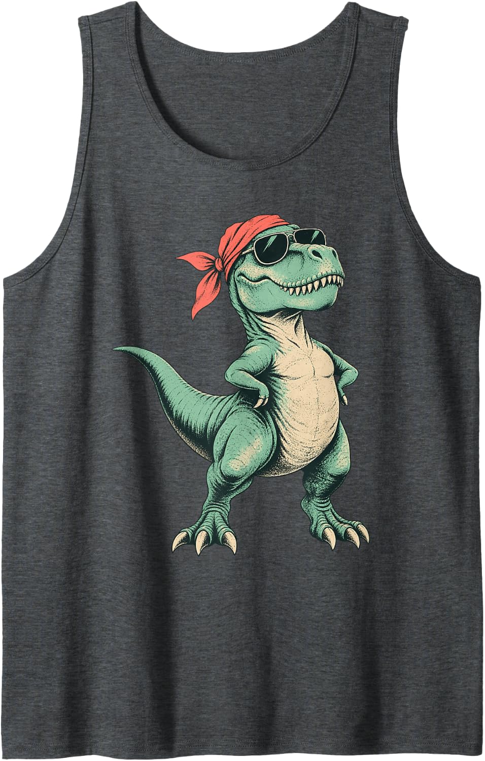Cool T-Rex with Sunglasses and Bandana Sleeveless Tank Top - Dark Heather Grey