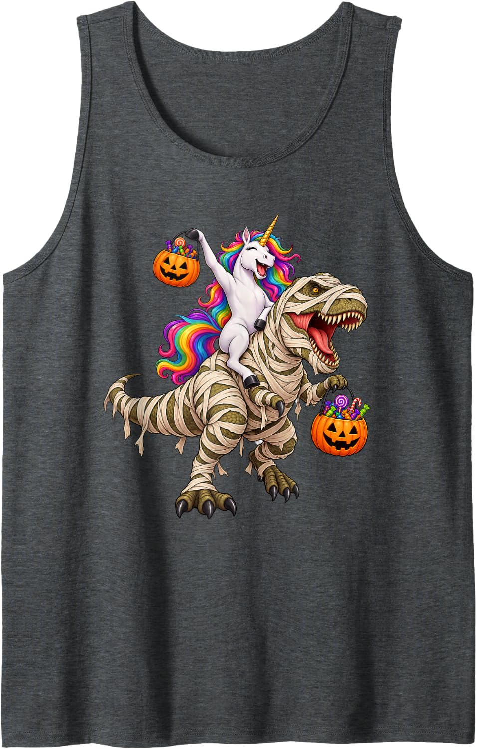 Unicorn Riding Mummy T-Rex Dinosaur Funny Halloween Sleeveless Tank Top - Dark Heather Grey