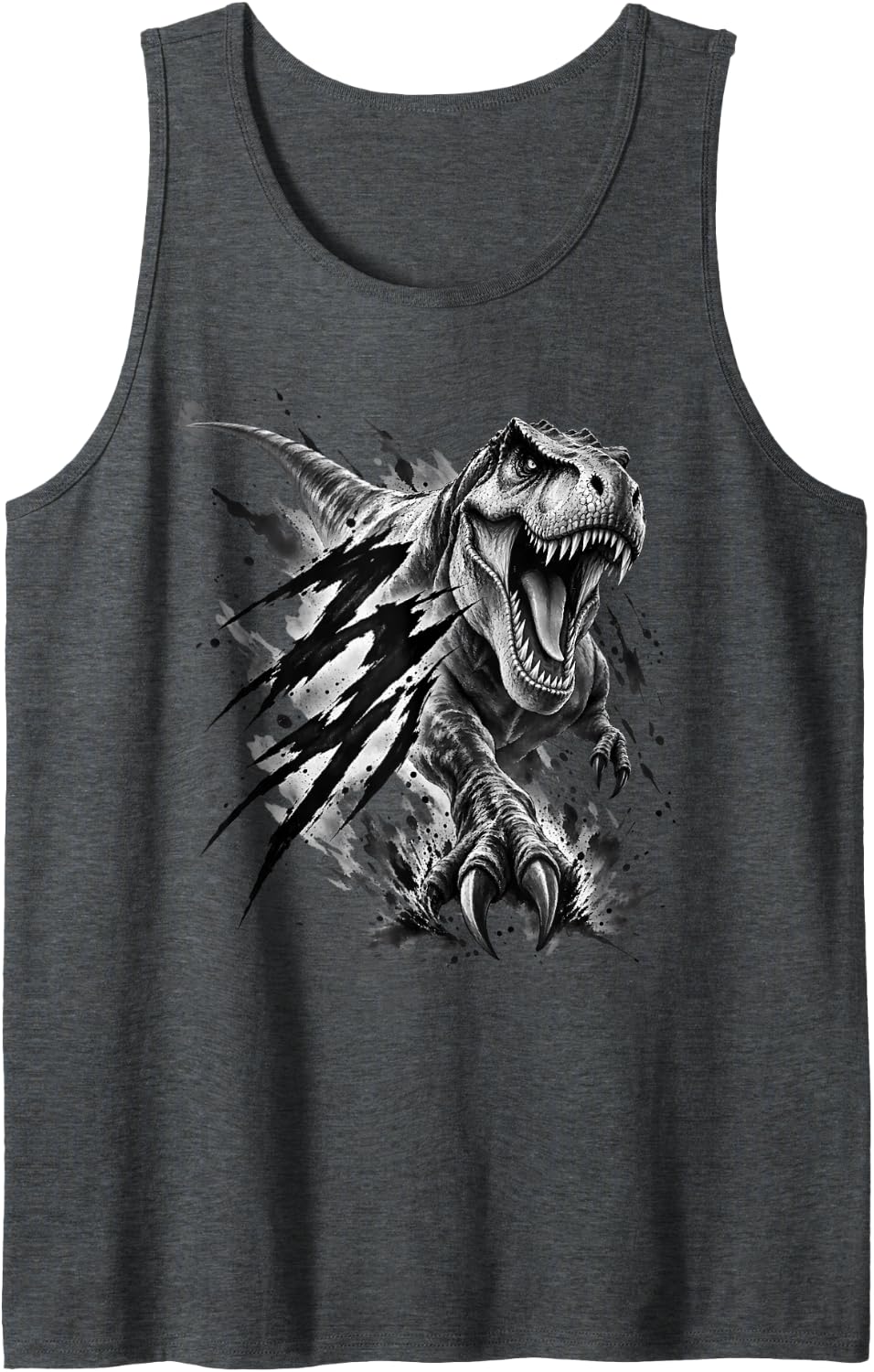 Roaring T-Rex Black Ink Splash Sleeveless Tank Top - Dark Heather Grey