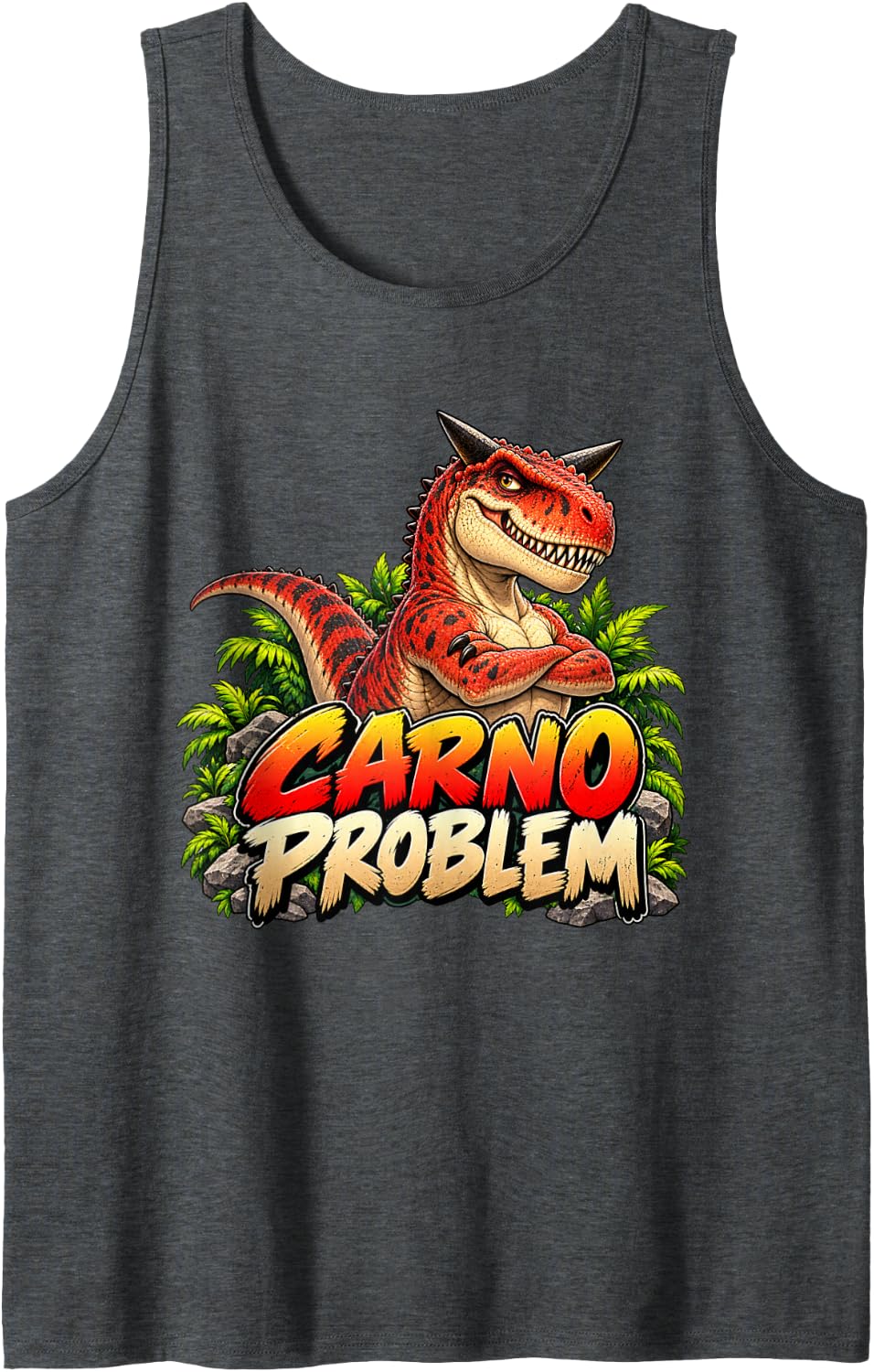 Carno Problem Funny Carnotaurus Dinosaur Pun Sleeveless Tank Top - Dark Heather Grey