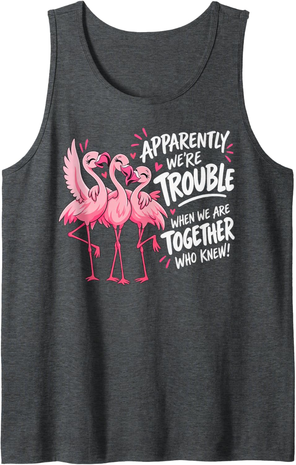Three Flamingos Best Friends Dancing Together Sleeveless Tank Top - Dark Heather Grey
