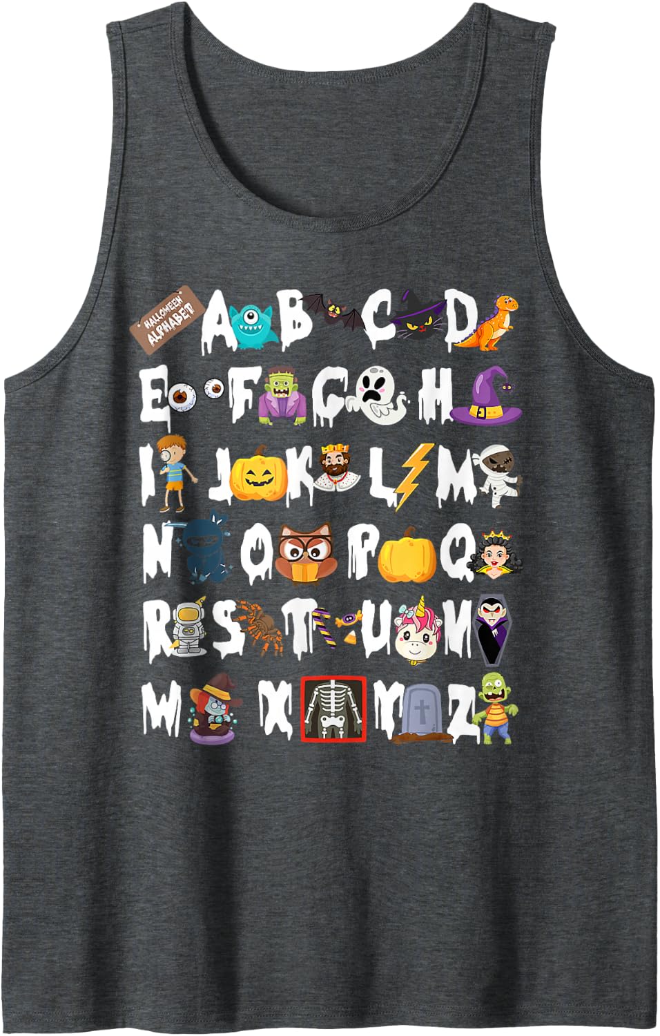 Alphabet Halloween ABCs Learning Kindergarten School Teacher Sleeveless Tank Top - Dark Heather Grey