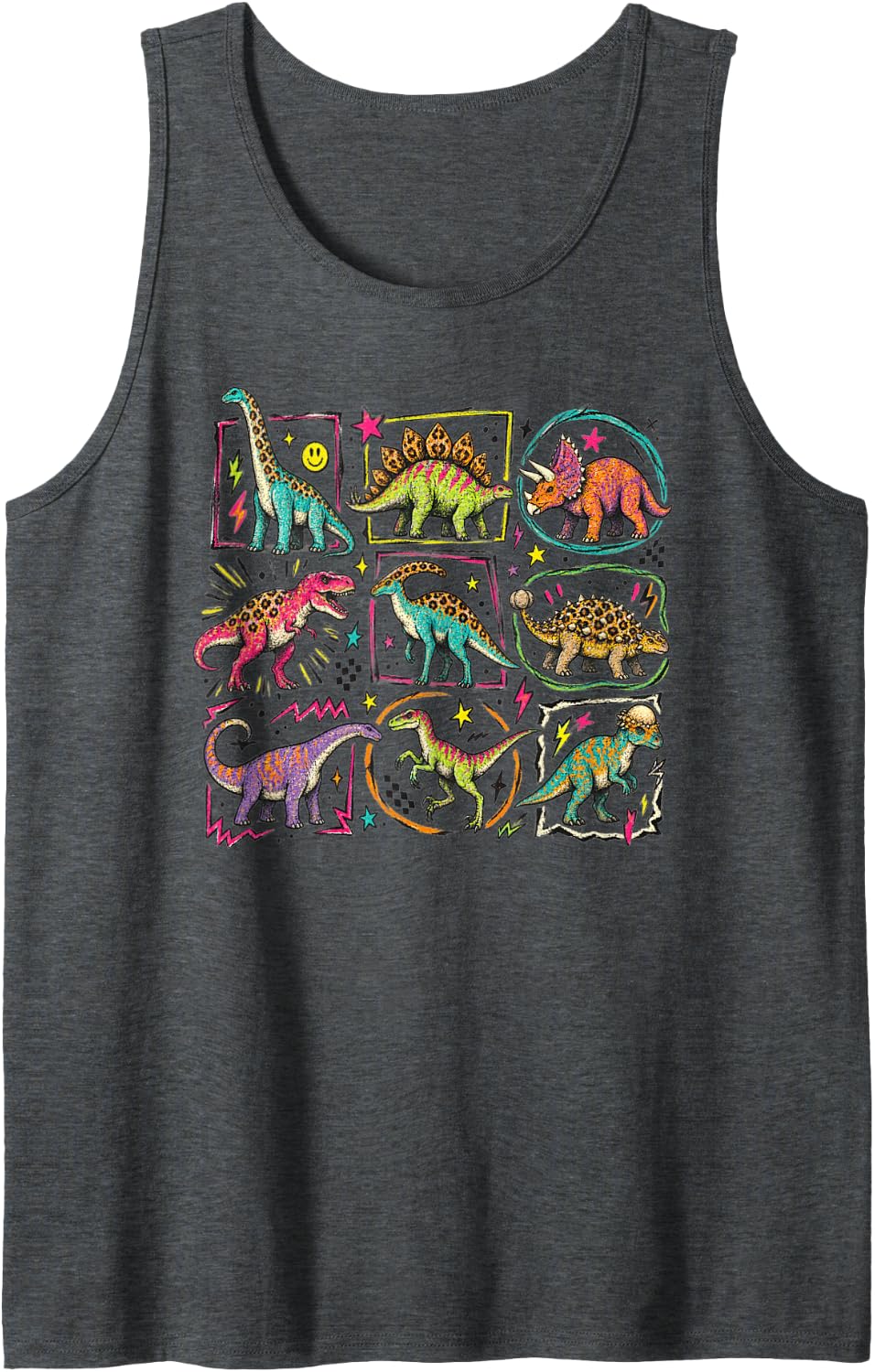 Dinosaurs Retro Leopard Print Colorful Dino Collage Art Sleeveless Tank Top - Dark Heather Grey