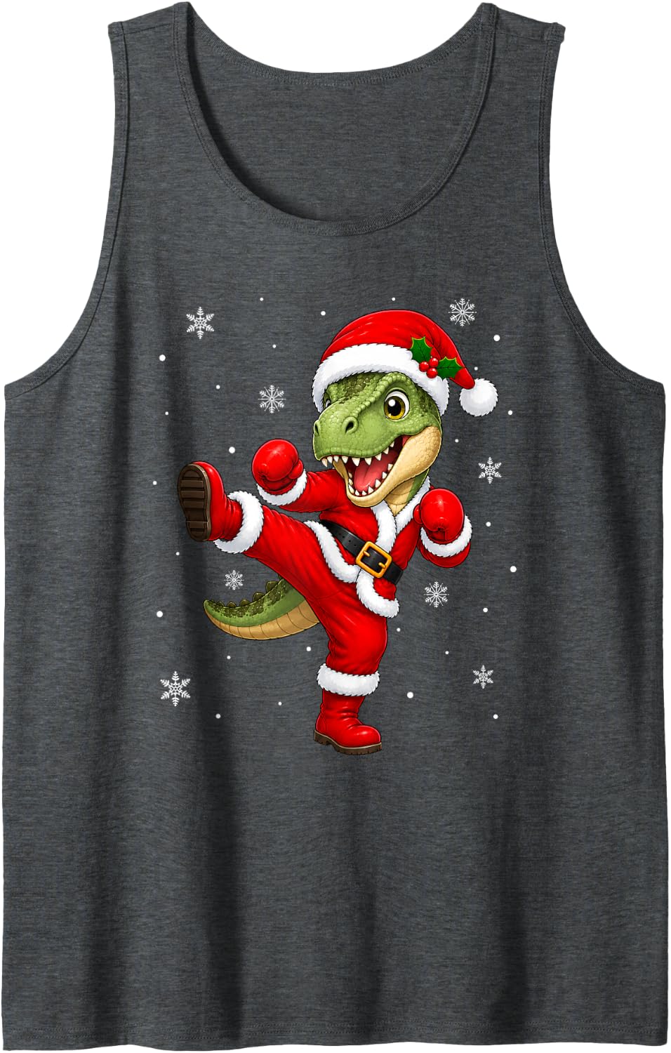 Funny Dino Martial Arts Kickboxing Santa Dinosaur Christmas Sleeveless Tank Top - Dark Heather Grey