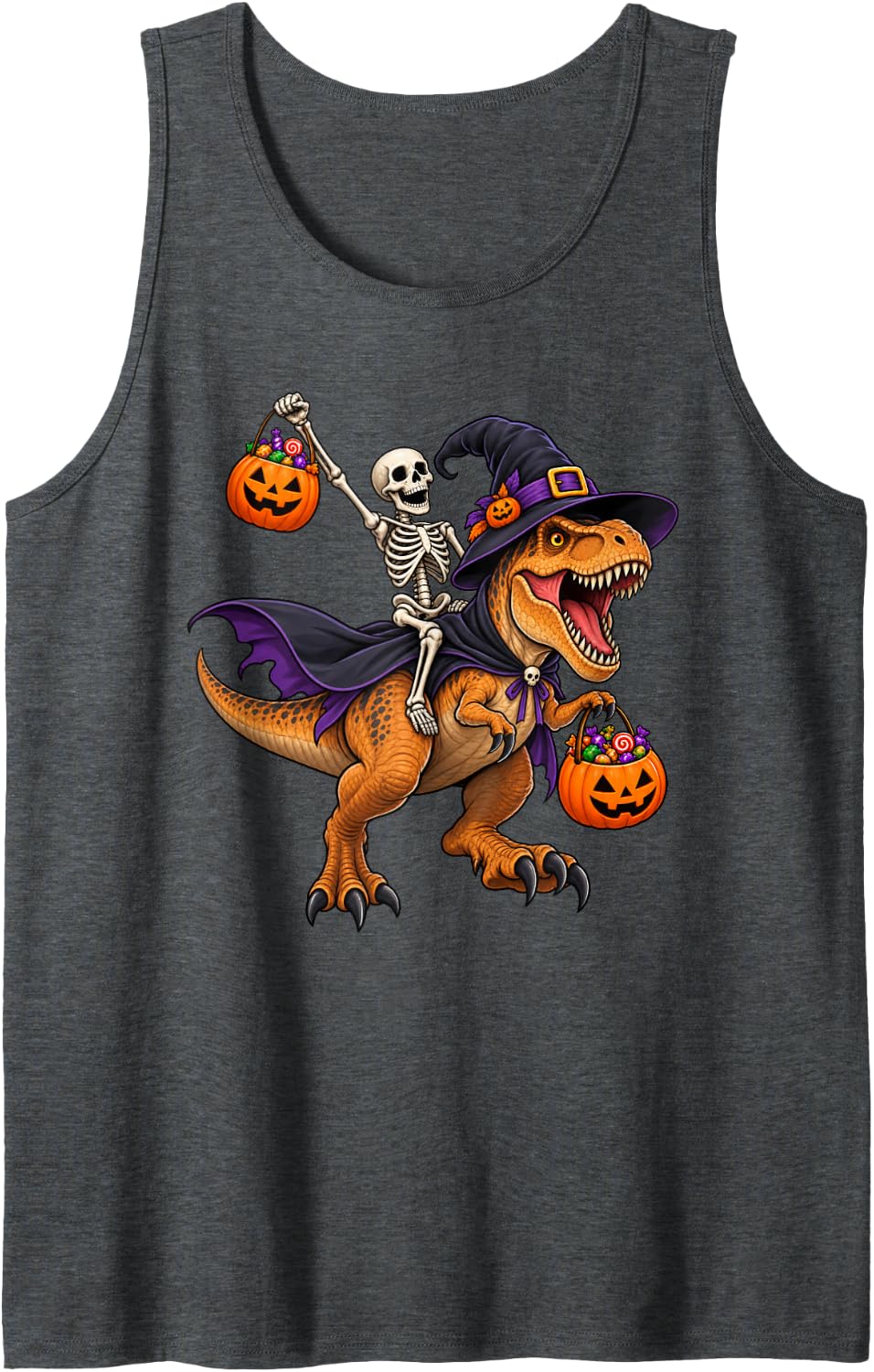 Skeleton Riding Witch Dinosaur Funny Halloween Sleeveless Tank Top - Dark Heather Grey