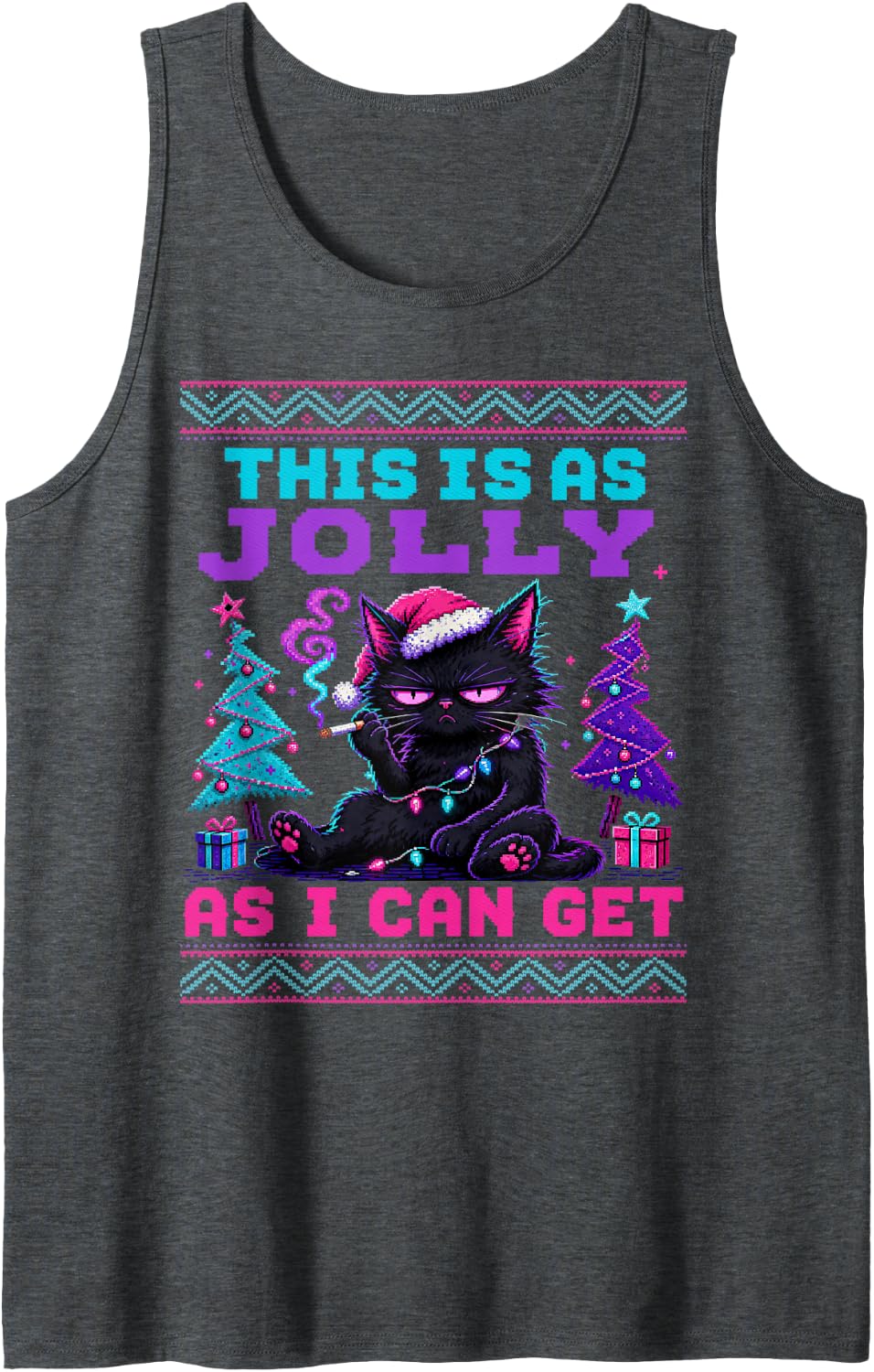 Introvert Smoking Cat Sarcastic Christmas Ugly Sweater Sleeveless Tank Top - Dark Heather Grey