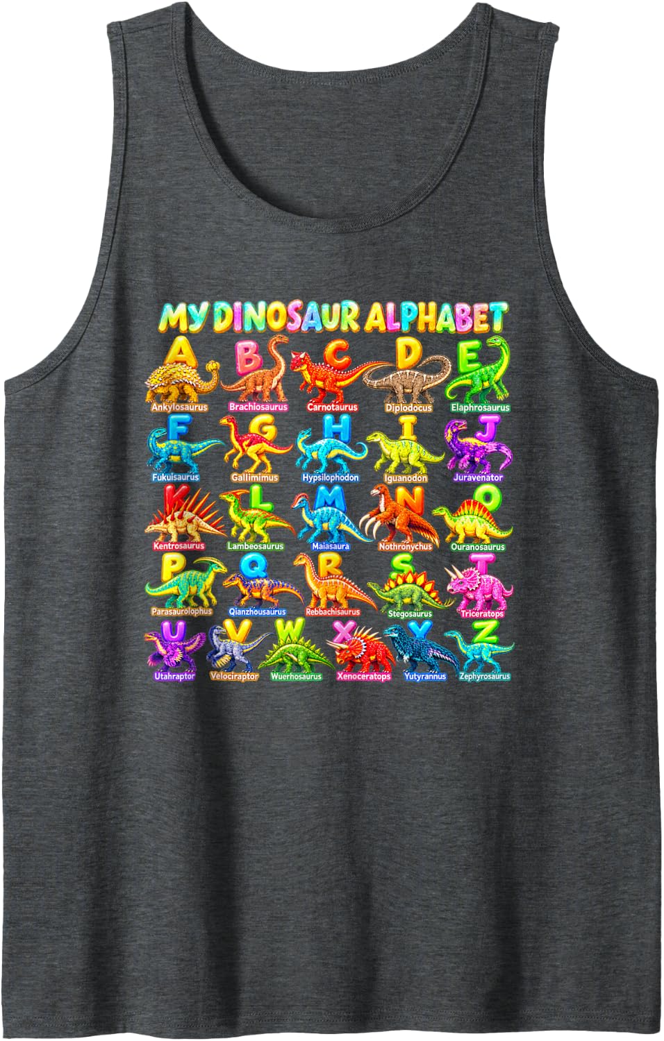 My Illustrated Dino Study ABC Dinosaur Alphabet Sleeveless Tank Top - Dark Heather Grey