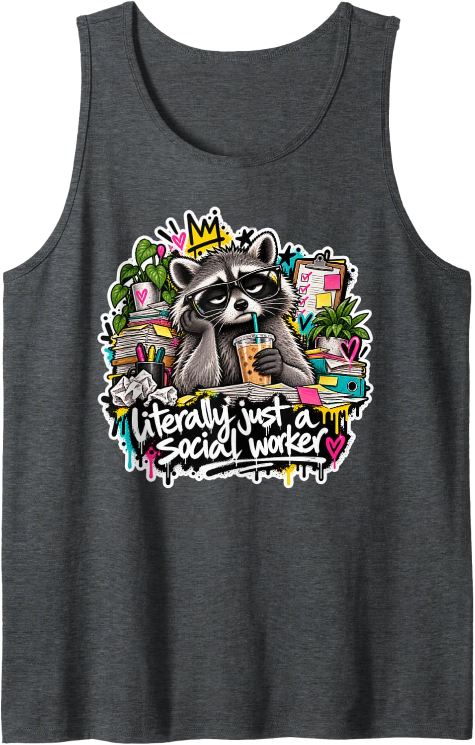 Literally Just a Social Worker Raccoon Sleeveless Tank Top - Dark Heather Grey