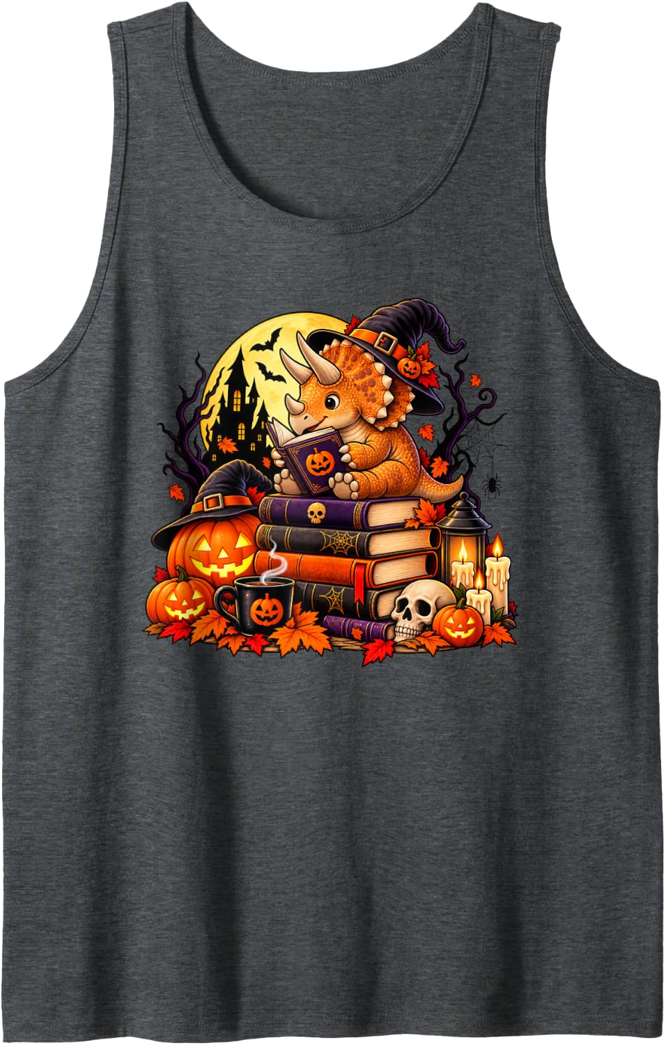Triceratops Dinosaur Reading Book Nerd Halloween Sleeveless Tank Top - Dark Heather Grey