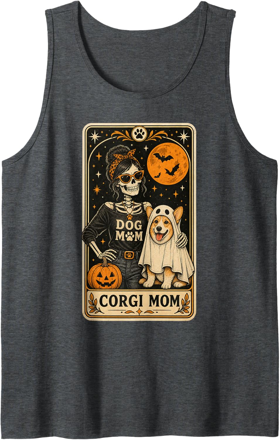 Corgi Mom Halloween Skeleton Dog Mom Tarot Card Women Sleeveless Tank Top - Dark Heather Grey