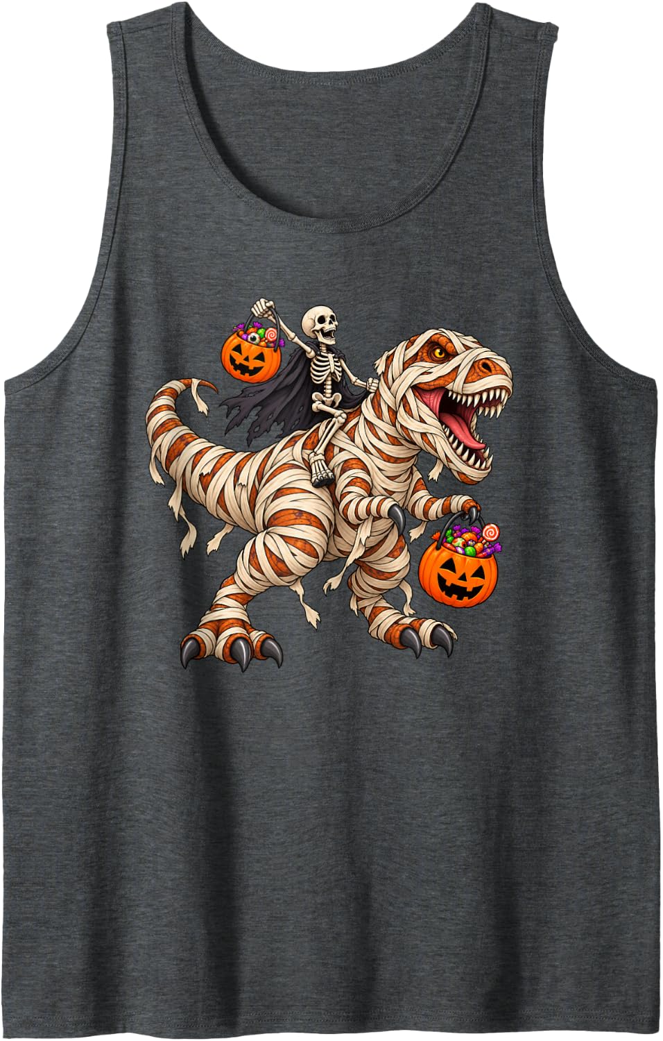 Skeleton Riding Mummy T-Rex Dinosaur Funny Pumpkin Halloween Sleeveless Tank Top - Dark Heather Grey