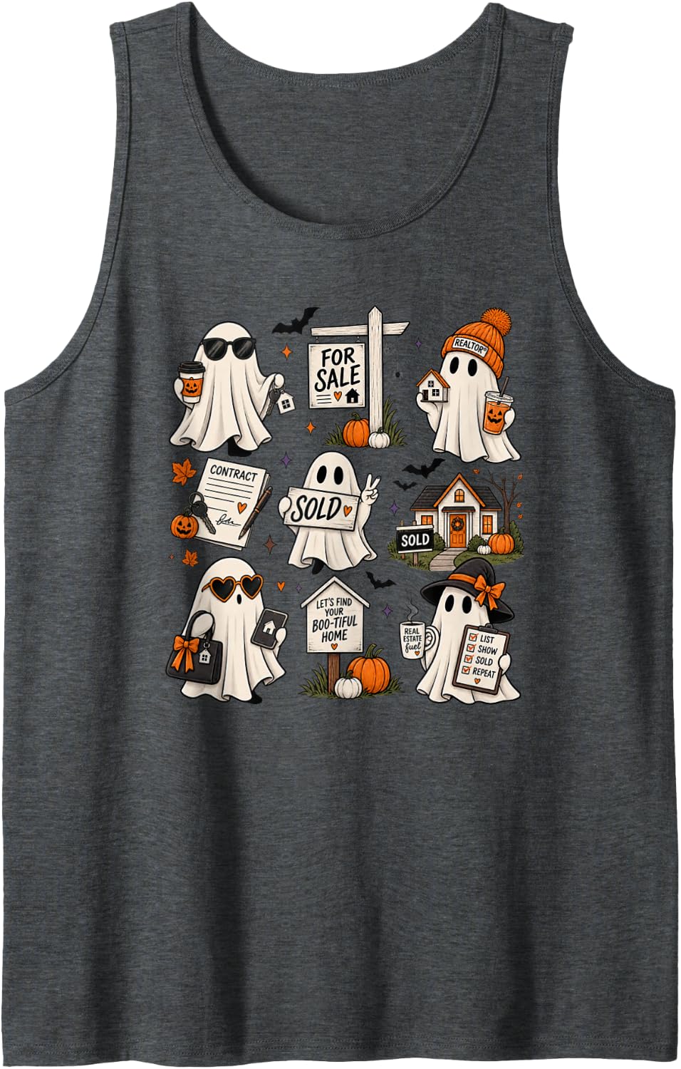 Spooky Realtor Ghost Halloween Real Estate Agent Sleeveless Tank Top - Dark Heather Grey