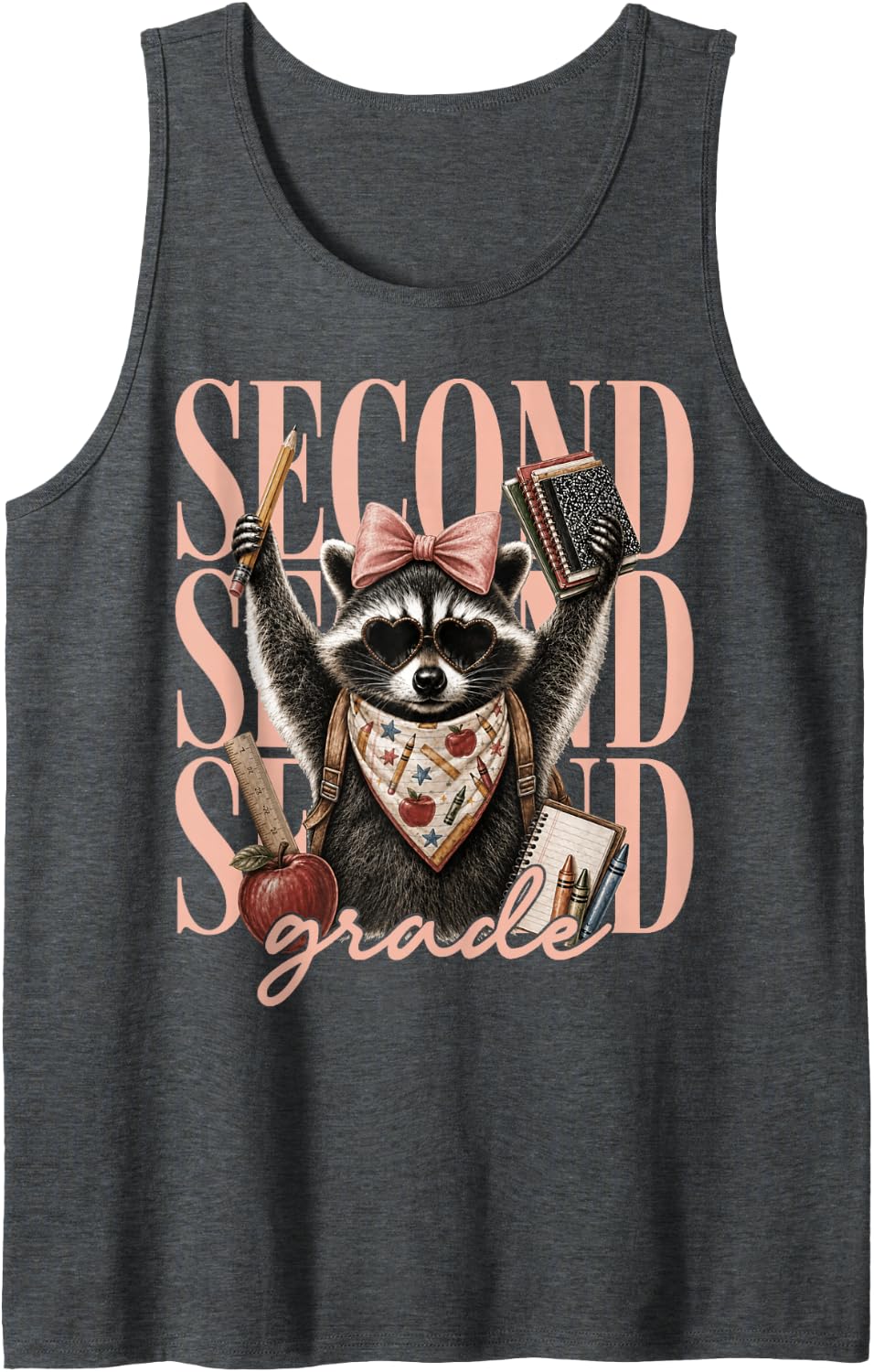 Retro Back to School Raccoon Second Grade Teacher Girls Kids Sleeveless Tank Top - Dark Heather Grey