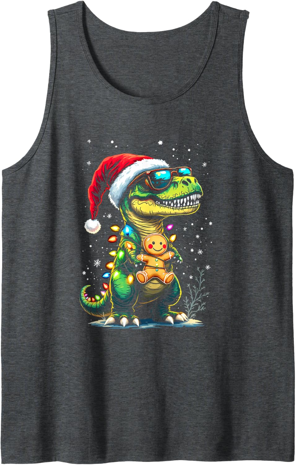 Santa Dinosaur with Gingerbread Man Sleeveless Tank Top - Dark Heather Grey