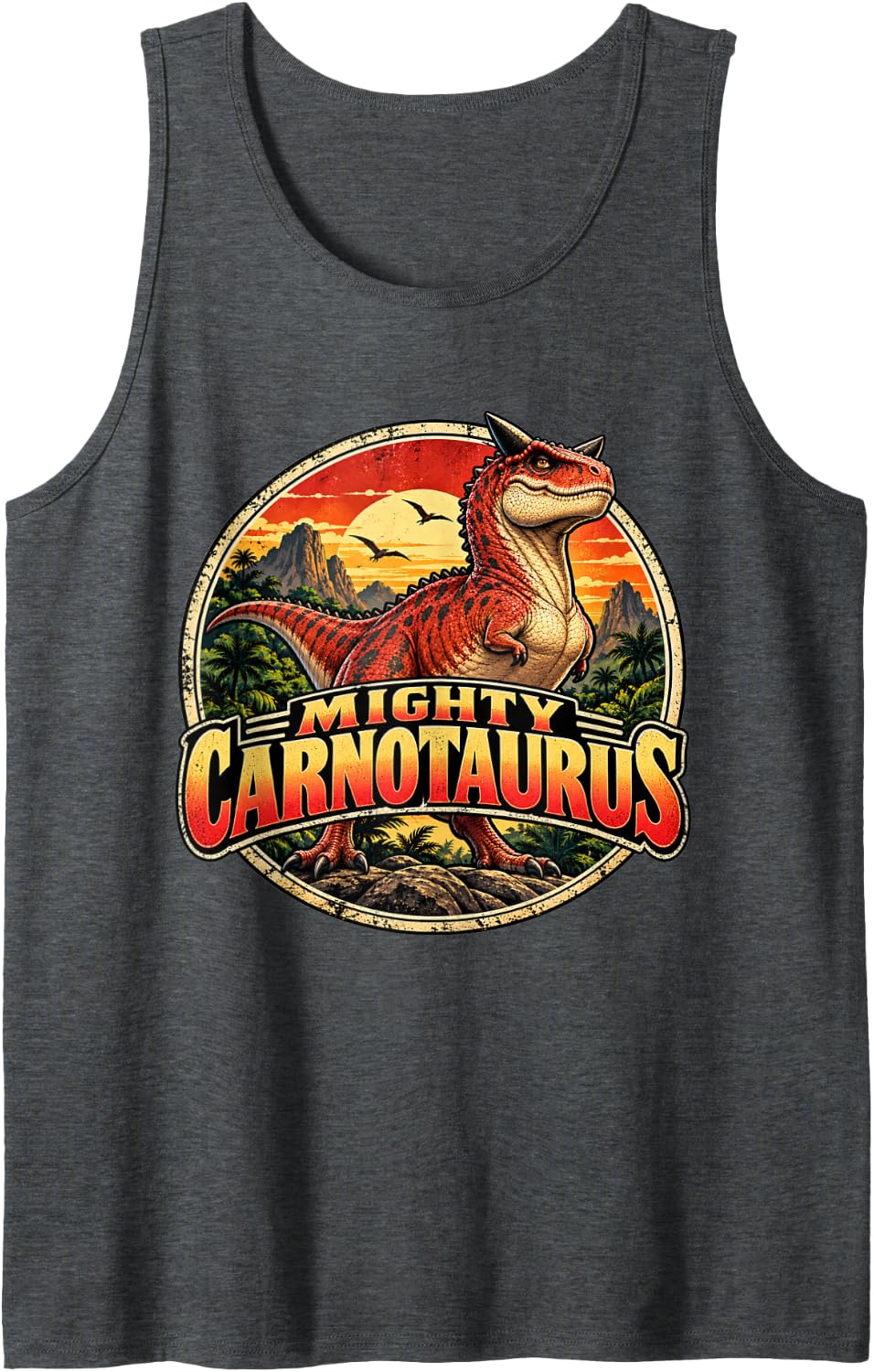 Mighty Carnotaurus Vintage Retro Dinosaur Sleeveless Tank Top - Dark Heather Grey
