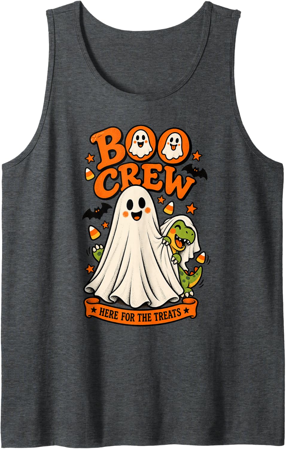 Dinosaur Boo Crew Here for the Treats Halloween Animal Lover Sleeveless Tank Top - Dark Heather Grey