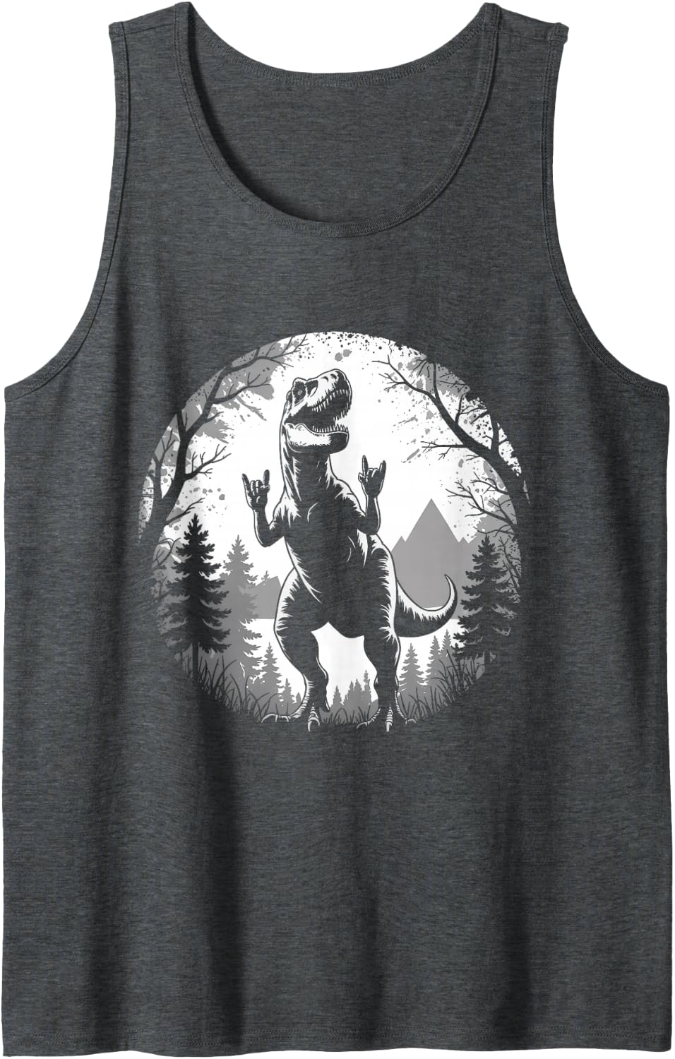 Rock On Dinosaur Rock and Roll Nature Forest Mountains Trees Sleeveless Tank Top - Dark Heather Grey