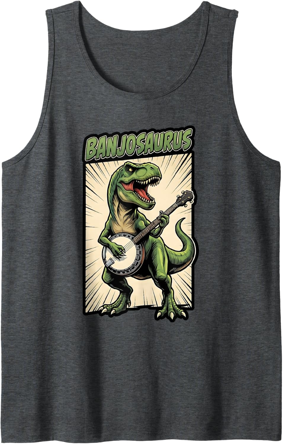 T-Rex Banjosaurus Funny Dinosaur Banjo Player Music Sleeveless Tank Top - Dark Heather Grey