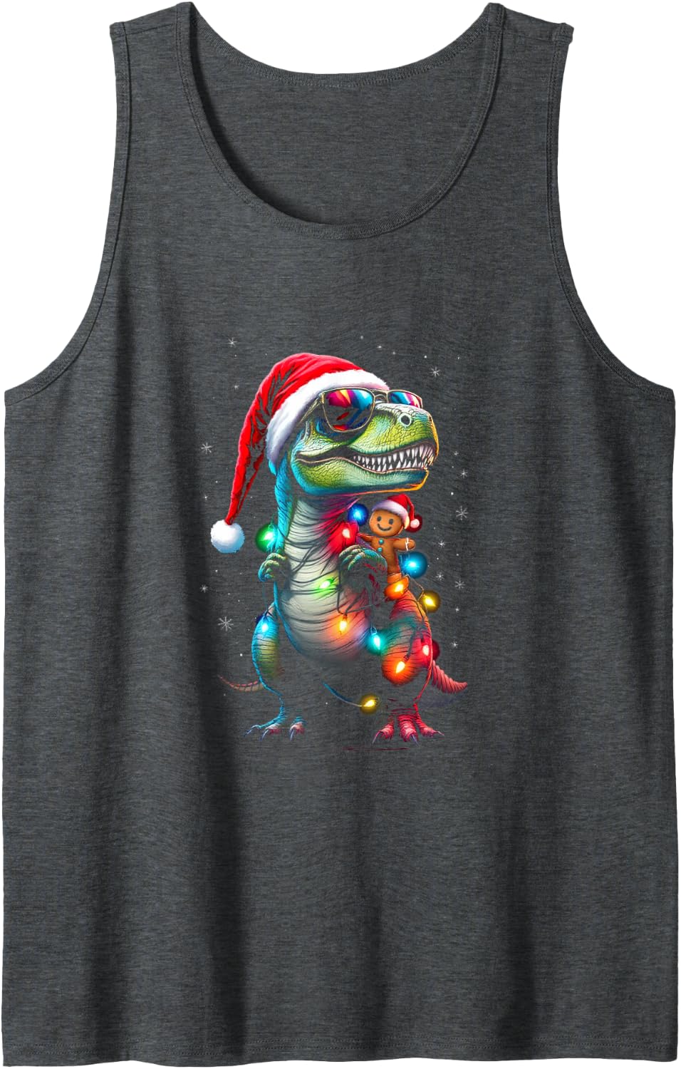 Christmas Dinosaur with Gingerbread Man Sleeveless Tank Top - Dark Heather Grey
