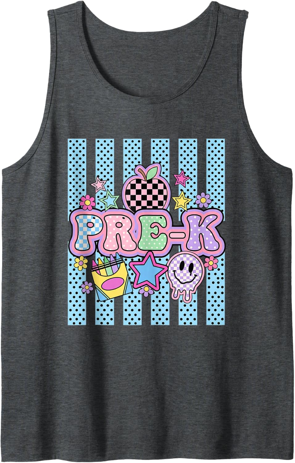 Retro Groovy Pre-k Back to School Girls Teacher Sleeveless Tank Top - Dark Heather Grey