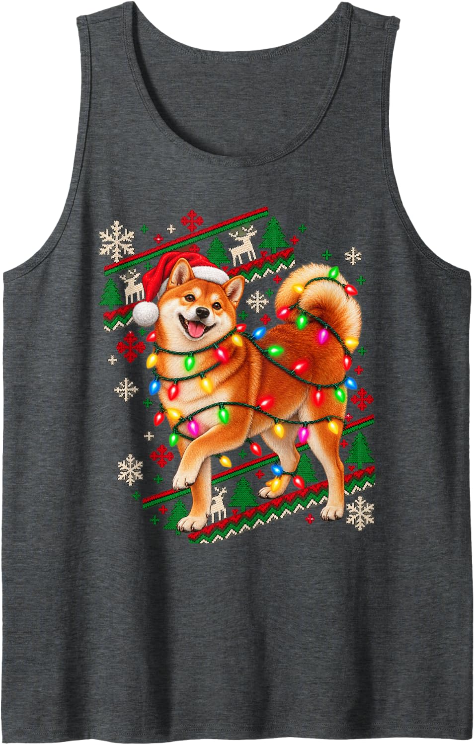 Christmas Lights Shiba Inu Whimsical Holiday Design Sleeveless Tank Top - Dark Heather Grey