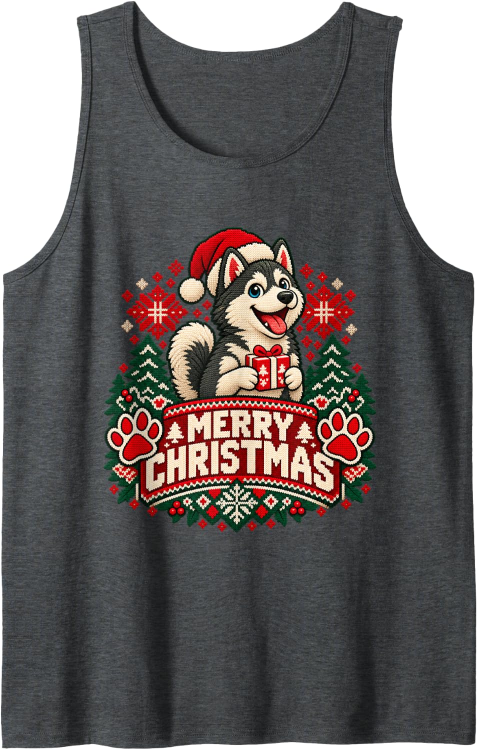 Merry Christmas Husky Cheerful Roaring Festive Winter Art Sleeveless Tank Top - Dark Heather Grey