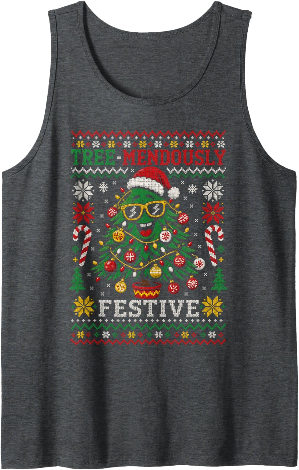 Tree-Mendously Festive Funny Ugly Christmas Sweater Tree Sleeveless Tank Top - Dark Heather Grey