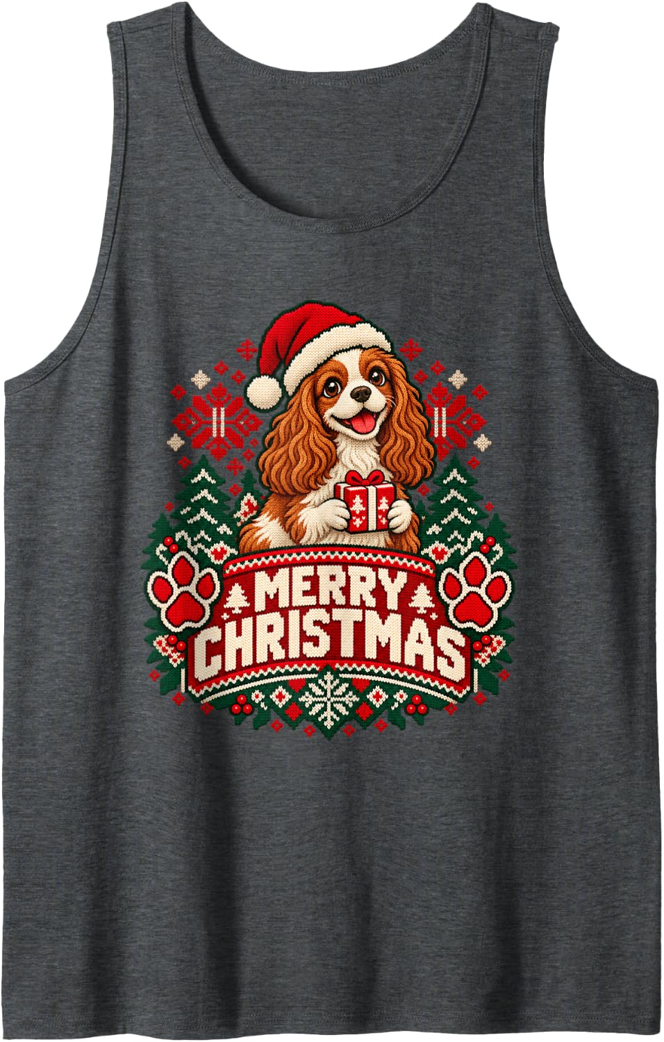 Merry Christmas Cavalier King Charles Cheerful Winter Sleeveless Tank Top - Dark Heather Grey