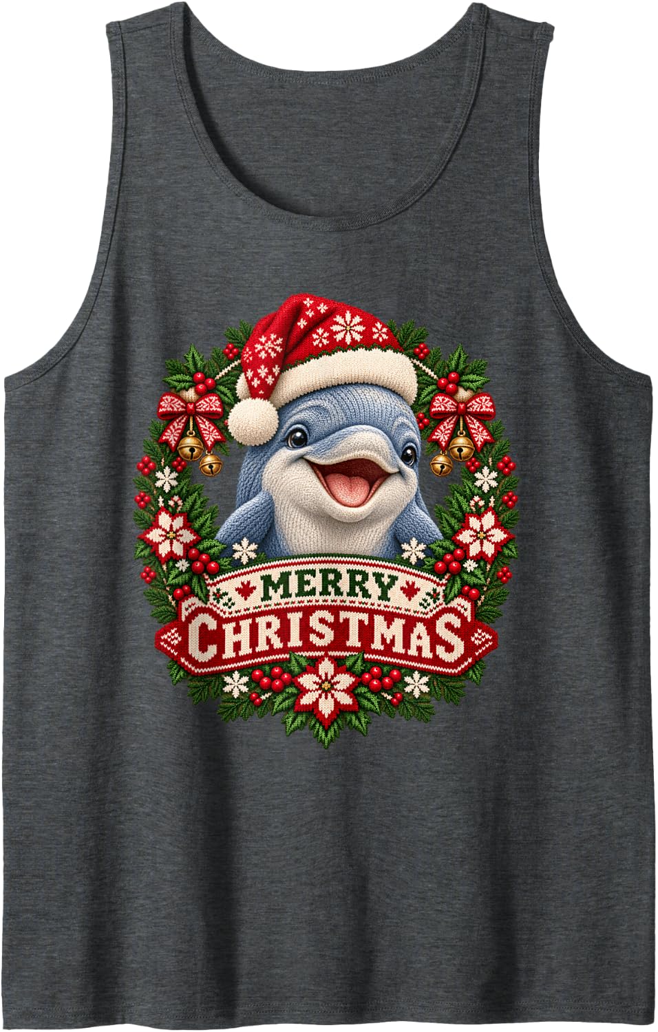 Merry Christmas Dolphin Happy Santa Hat Snowflake Sleeveless Tank Top - Dark Heather Grey