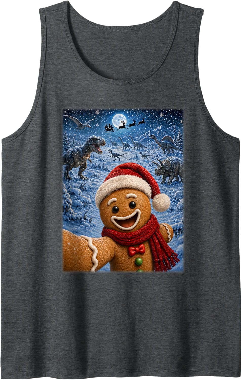 Festive Santa Gingerbread Man Dinosaurs Christmas Selfie Sleeveless Tank Top - Dark Heather Grey