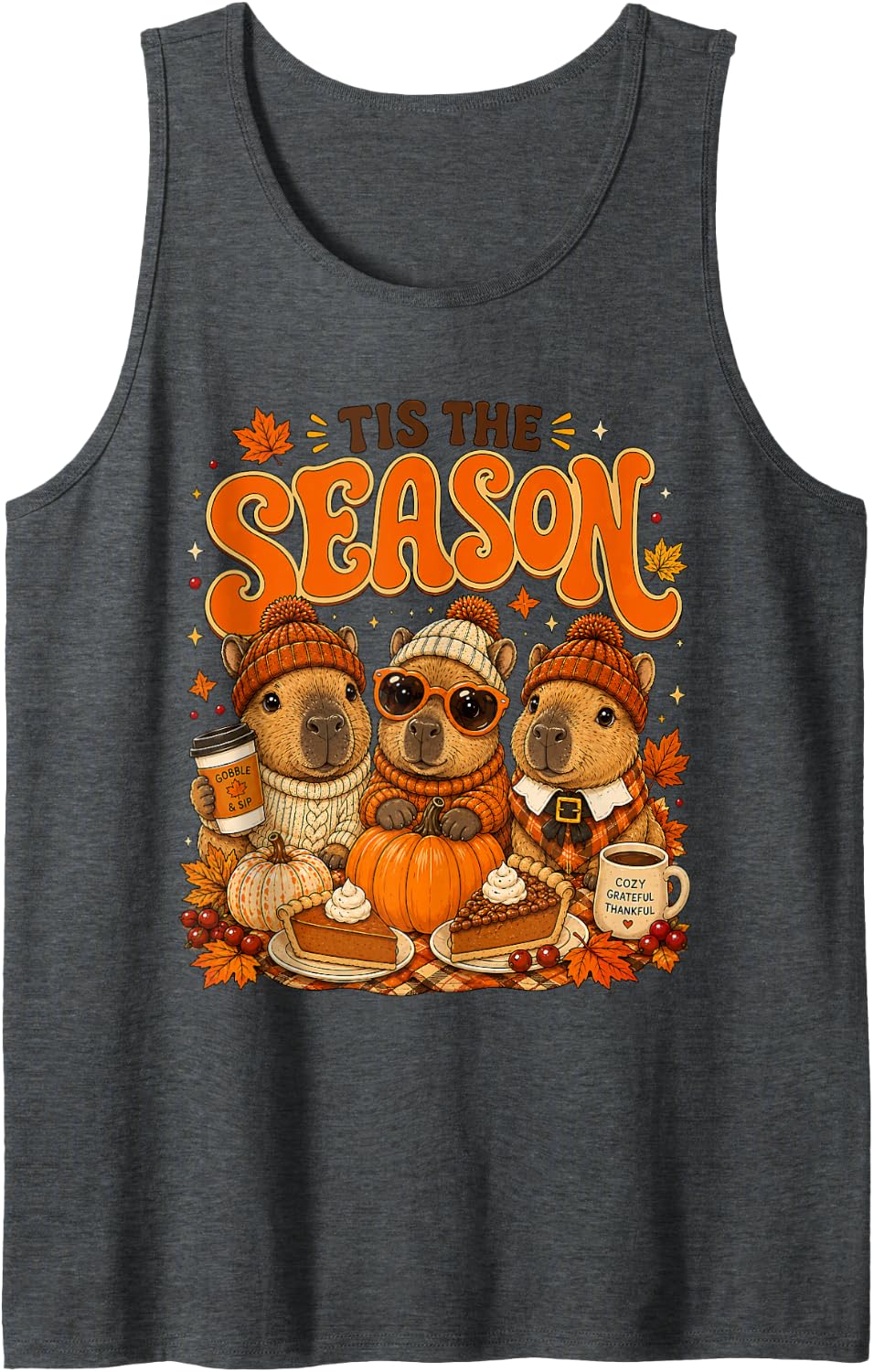 Tis The Season Thanksgiving Capybara Pumpkin Costume Tank Top - Dark Heather Grey