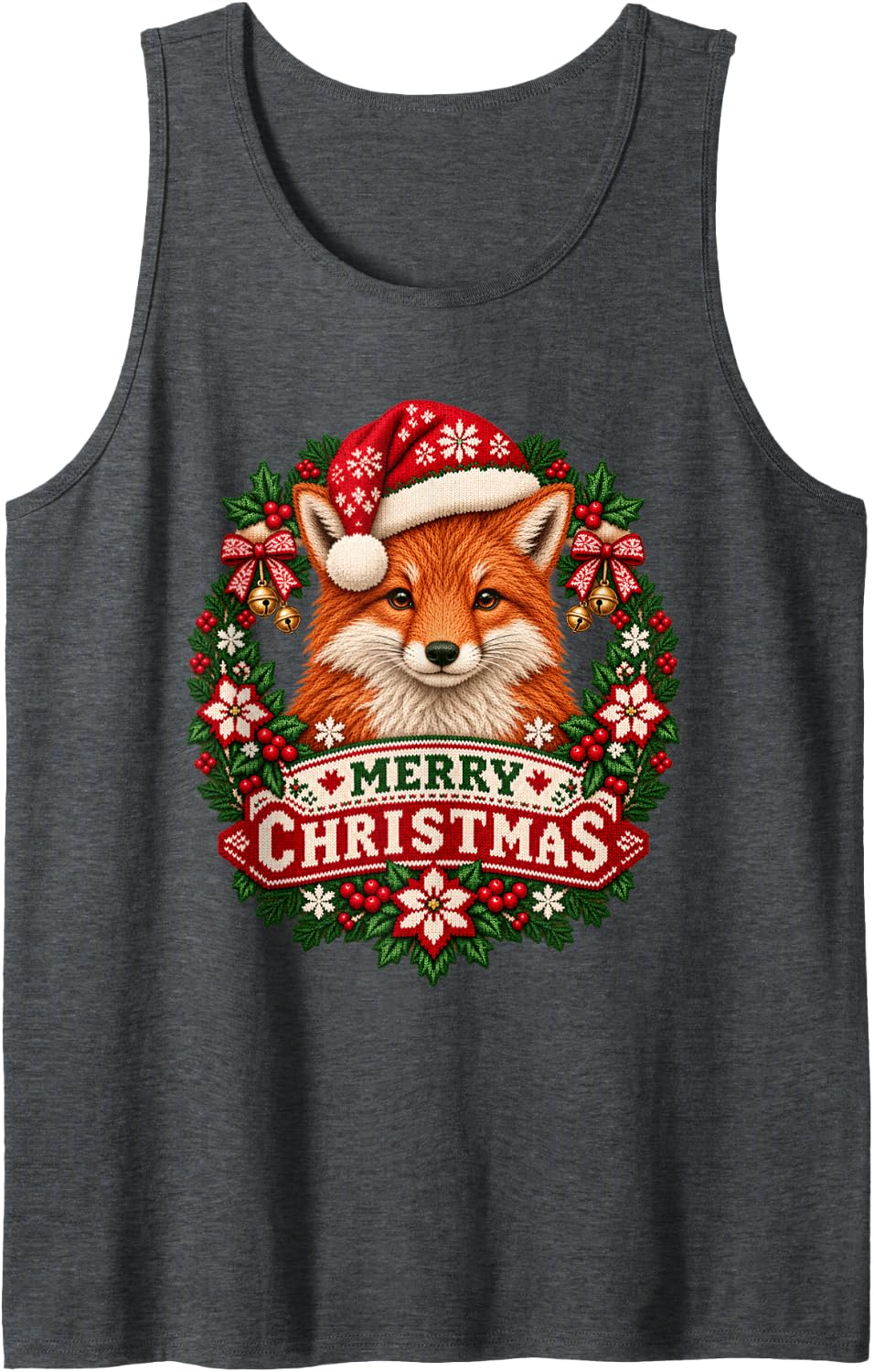 Merry Christmas Fox Happy Santa Hat Snowflake Sleeveless Tank Top - Dark Heather Grey