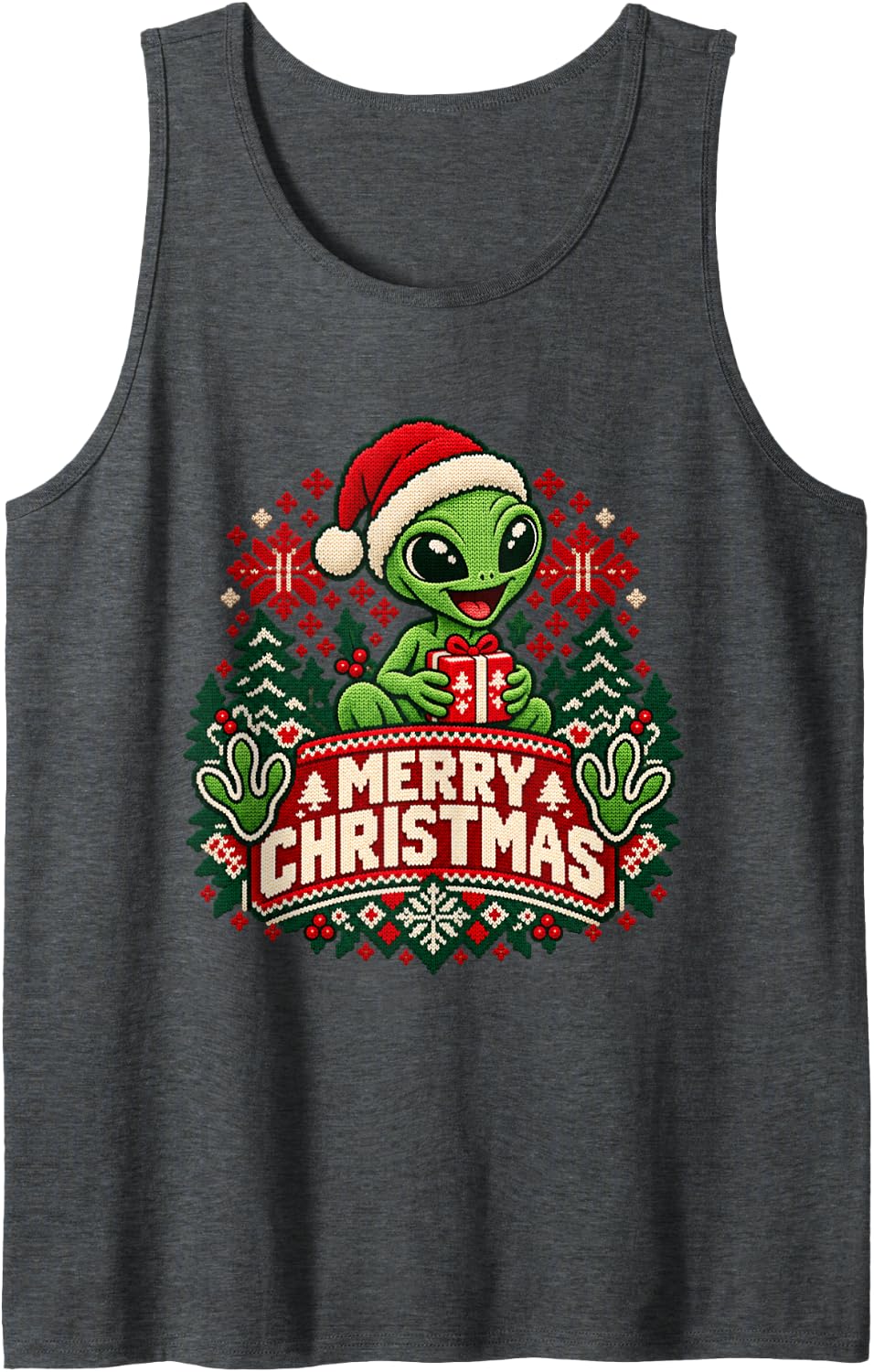 Merry Christmas Alien Cheerful Roaring Festive Winter Art Sleeveless Tank Top - Dark Heather Grey