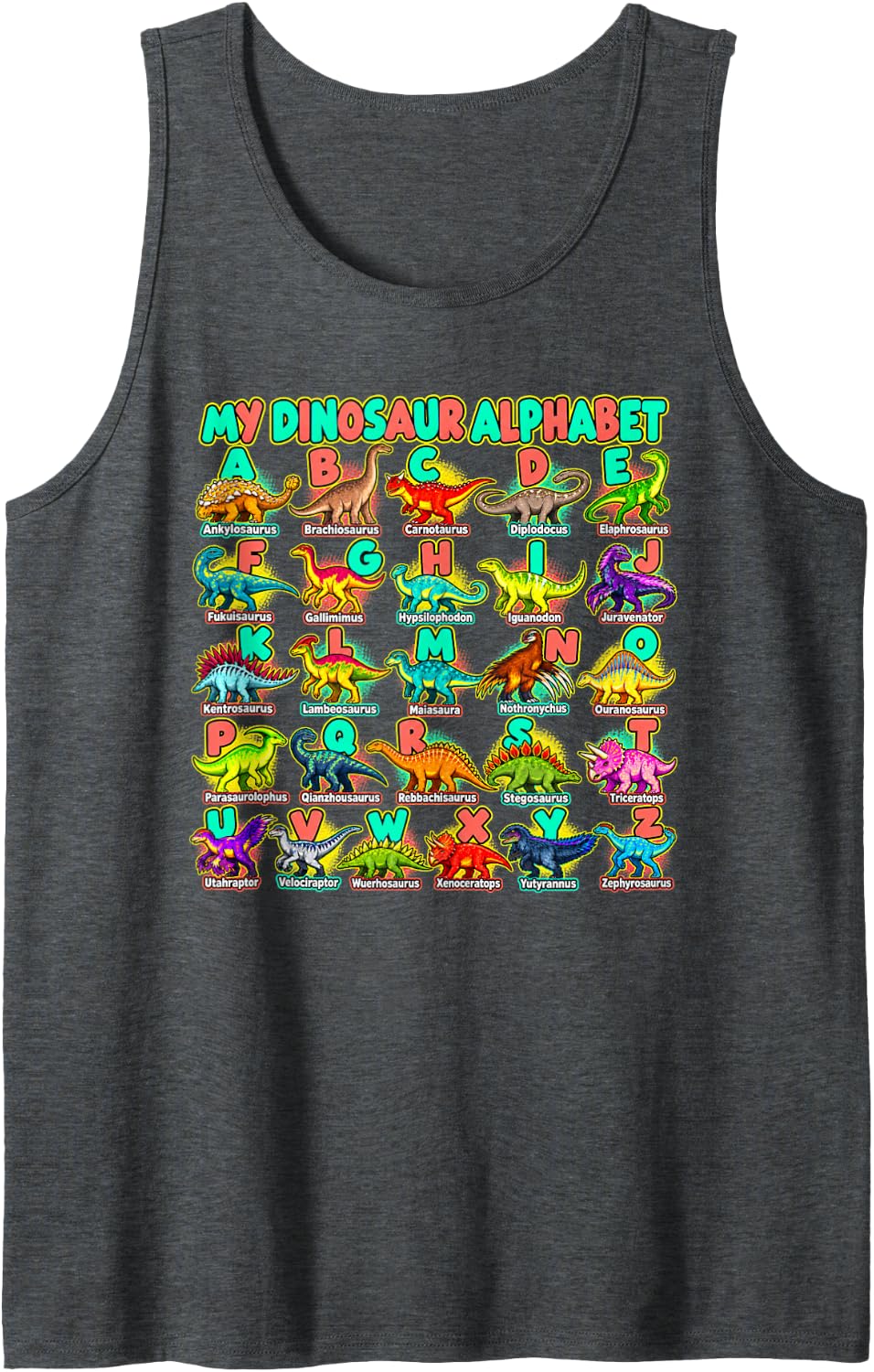 My Outlined Dino Grid ABC Dinosaur Alphabet Sleeveless Tank Top - Dark Heather Grey