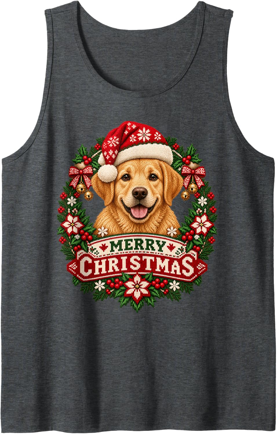 Merry Christmas Labrador Happy Santa Hat Snowflake Sleeveless Tank Top - Dark Heather Grey