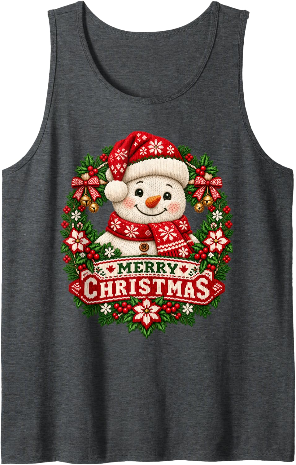 Merry Christmas Snowman Happy Santa Hat Snowflake Sleeveless Tank Top - Dark Heather Grey