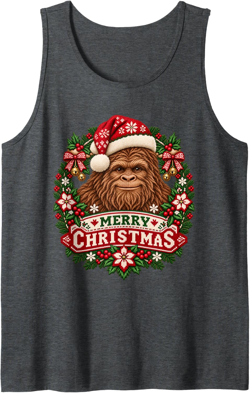 Merry Christmas Bigfoot Happy Santa Hat Snowflake Sleeveless Tank Top - Dark Heather Grey