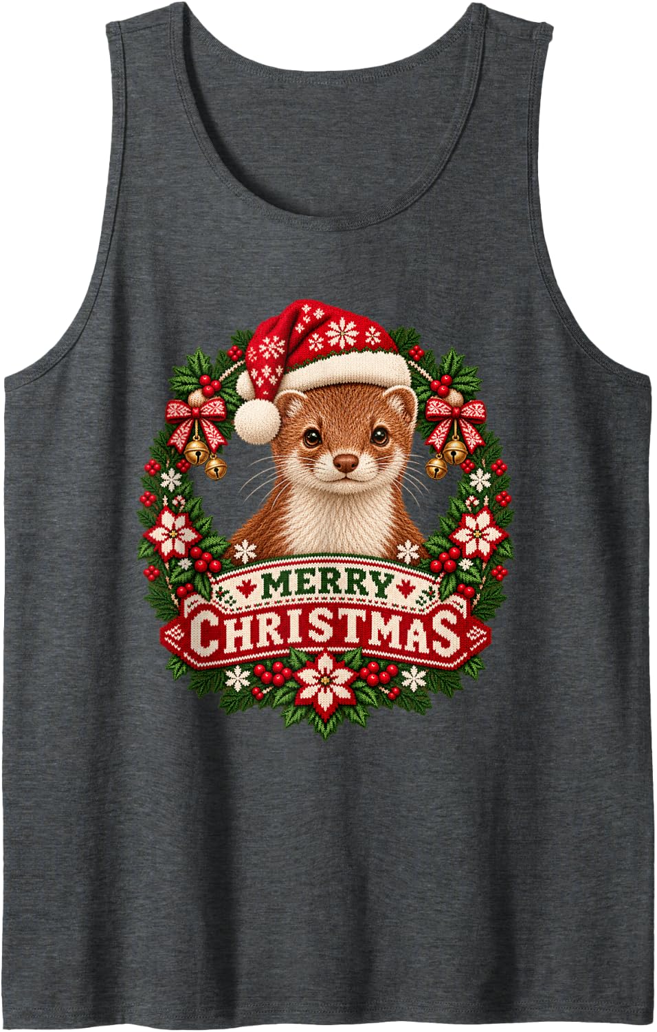 Merry Christmas Weasel Happy Santa Hat Snowflake Sleeveless Tank Top - Dark Heather Grey