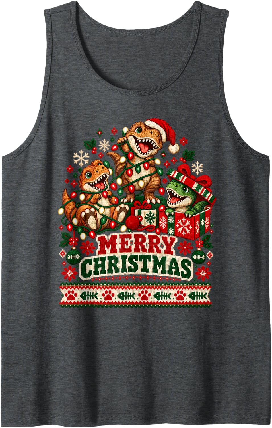 Merry Christmas Trex Playful Holiday Lights Men Women Sleeveless Tank Top - Dark Heather Grey