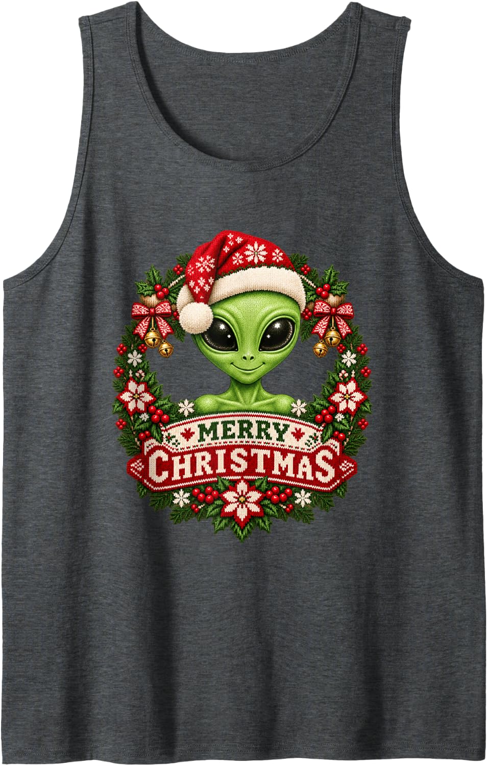Merry Christmas Alien Happy Santa Hat Snowflake Sleeveless Tank Top - Dark Heather Grey