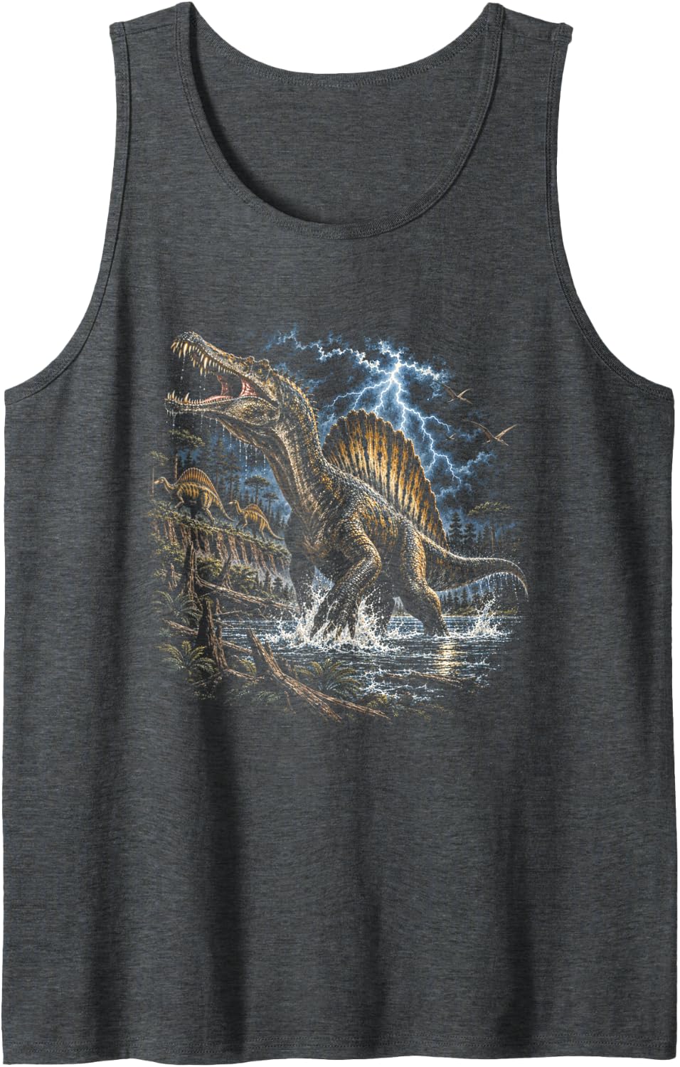 Spinosaurus Dinosaur Storm Prehistoric Wildlife Art Sleeveless Tank Top - Dark Heather Grey